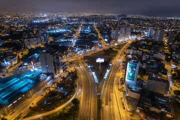 Excellent night aerial view of Vía Expresa Luis Bedoya Reyes in the city of Lima,