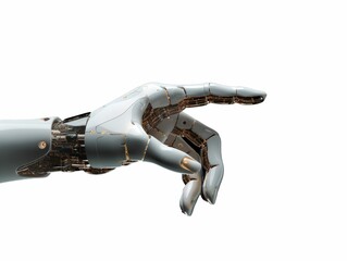 AI generated illustration of a robotic hand with a finger on a white background