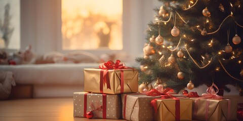Empty living room with Christmas tree and presents early morning light -generative ai