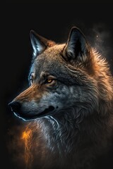 AI generated illustration of a wolf against a black background illuminated by bright lighting