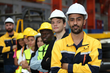 engineer team or worker team  with safety uniform standing at industry.