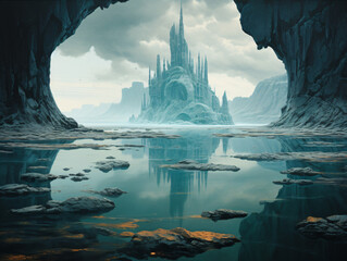 An ice castle in the middle of a cavern - obrazy, fototapety, plakaty