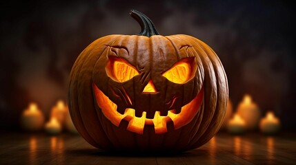 a scary pumpkin glowing in the darkness on a wooden floor