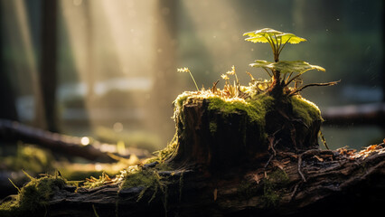 Beautiful little life growing from a cut tree trunk