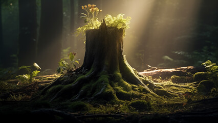 Beautiful little life growing from a cut tree trunk - obrazy, fototapety, plakaty