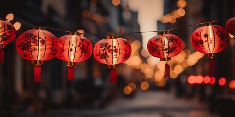 Red hanging lanterns hang on the street to celebrate Chinese New Year