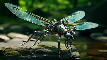 AI generated illustration of a vibrant robotic dragonfly perched atop a sunlit rock