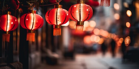Red hanging lanterns hang on the street to celebrate Chinese New Year - obrazy, fototapety, plakaty