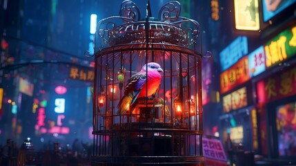 neon birds in cages on a city street at night with people - obrazy, fototapety, plakaty