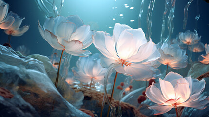 A bunch of white flowers underwater - obrazy, fototapety, plakaty