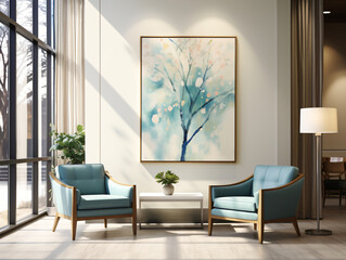 A living room with light blue armchairs and white walls