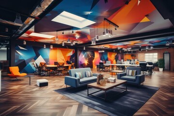 Digital marketing agency with vibrant color accents and brainstorming areas. - obrazy, fototapety, plakaty