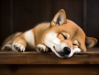 A brown and white corgi dog sleeping on a wooden table - Powered by Adobe