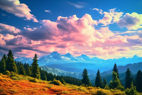 A vivid and colorful scenic view of a mountain range with trees in the foreground