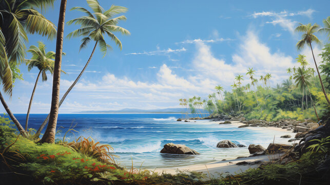 A painting of a tropical beach with palm trees