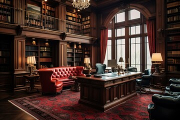 Fototapeta na wymiar Luxurious legal office with mahogany desks and leather-bound libraries.