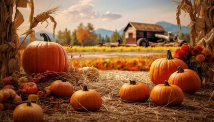 Autumnal scene featuring pumpkins and hay bales in the foreground, AI-generated.