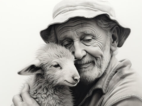 A pencil drawing of an old man holding a baby sheep