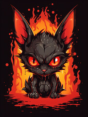 A black cat monster with red eyes sitting in front of a fire