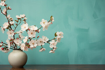 A vase filled with white flowers on top of a wooden table on a turquoise background - obrazy, fototapety, plakaty