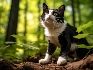 Fototapeta premium AI generated illustration of a black and white cat in a forest