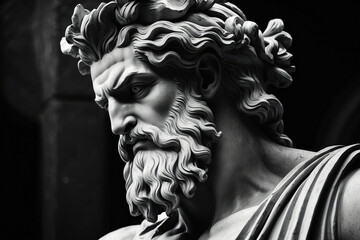 Bust of the god Zeus. Ancient Greek mythology. Antique sculpture. God Zeus. - obrazy, fototapety, plakaty