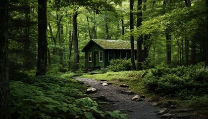 AI generated illustration of a rustic cabin in the woods along a picturesque dirt path