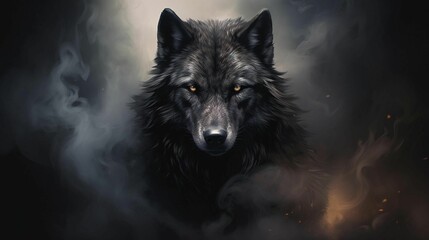 AI generated illustration of a fierce wolf with glowing orange eyes against a dark black background