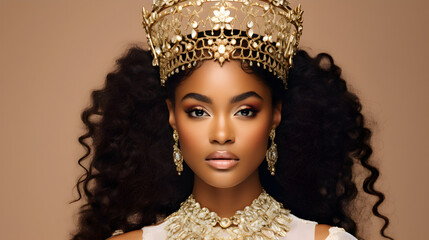 An African American woman adorned with an ornate crown atop her head, accessorized with intricate jewelry and ornaments.