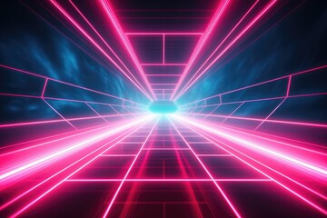 Fototapeta premium Abstract futuristic technology concept. Neon tunnel modern background. Blue and pink glowing light lines. Empty backdrop with copy space in the center
