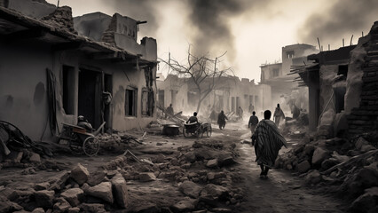 Fototapeta premium Villages reduced to ashes by battles and bombings and people in despair