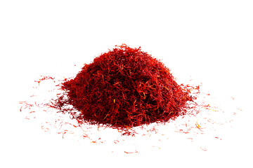 heap of organic dried saffron thread spice isolated,also known in india as kesar on cutout...
