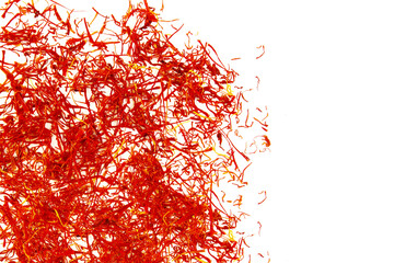 heap of organic dried saffron thread spice isolated,also known in india as kesar on cutout...