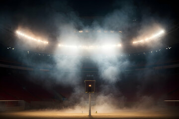 In the fighting cage. Sport stadium with grandstands full of fans, shining night lights and wooden deck, Digital 3D illustration of sport stadium for background use