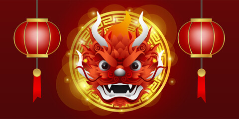 happy chinese new year 2024 red with dragon head image and lunar elements for banner