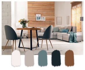 Spacious dining room with furniture. Color palette matching to this interior design