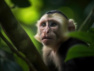 AI generated illustration of a white-headed Capuchin monkey looking in the distance
