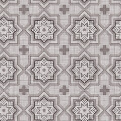 Traditional grey mosaic seamless pattern print. Fabric effect mexican patchwork damask grid Square shape symmetrical background textile . Creative colorful graphic design.