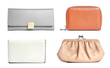Different stylish leather purses isolated on white, set