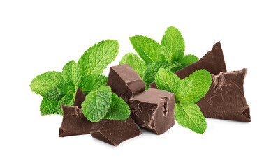 Milk chocolate chunks and mint leaves isolated on white