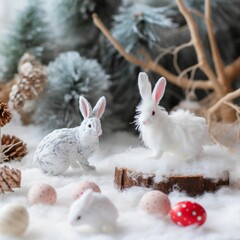 AI generated illustration of white fluffy bunny figurines in a snowy meadow