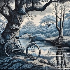 Fototapeta premium AI generated illustration of a black bicycle parked on a dock overlooking a serene body of water