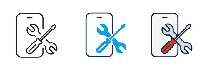 Smartphone repair icon. Line, glyph and filled outline colorful version. Symbol, logo illustration. Different style icons set. Pixel perfect vector graphics.