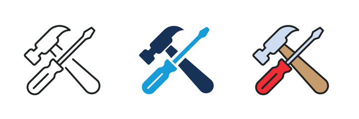 Wrench and screwdriver icon. Line, glyph and filled outline colorful version. Symbol, logo illustration. Different style icons set. Pixel perfect vector graphics.