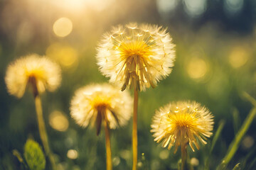 dandelion on the meadow,
Beautiful dandelion flowers on green meadow in sunny day,