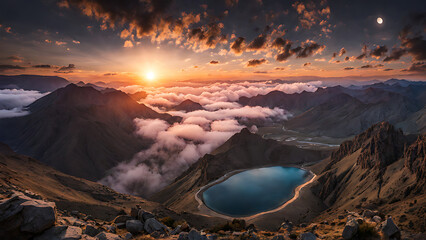 a view from top of mountain showing the lake, mountains, clouds and the sunrise