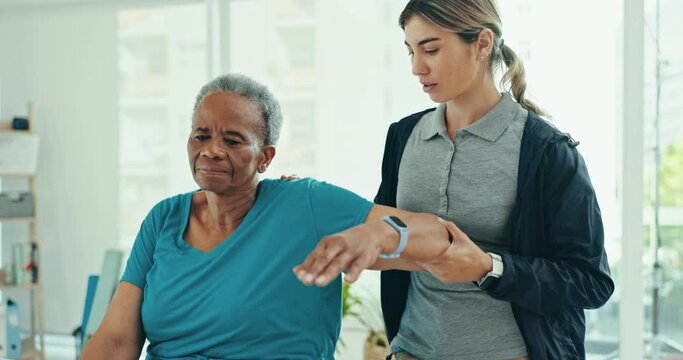 Physical therapy, rehabilitation or senior woman doing arm exercise, orthopedic workout or healing joint pain. Injury, clinic patient or physiotherapist test shoulder mobility, progress or assessment