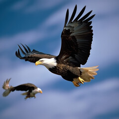 Obraz premium Large eagle soaring with smaller birds trailing. 