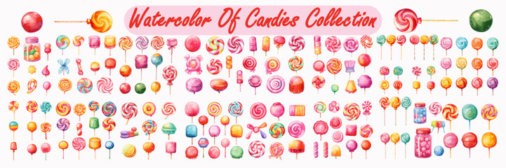 Watercolor set collection of candy lollipop vector illustration on white background - obrazy, fototapety, plakaty