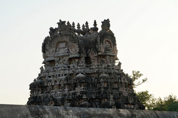 Naklejka premium Ancient old Hindu temple tower. High Gopuram of Airavatesvara Temple, Darasuram, Kumbakonam, Tamilnadu.